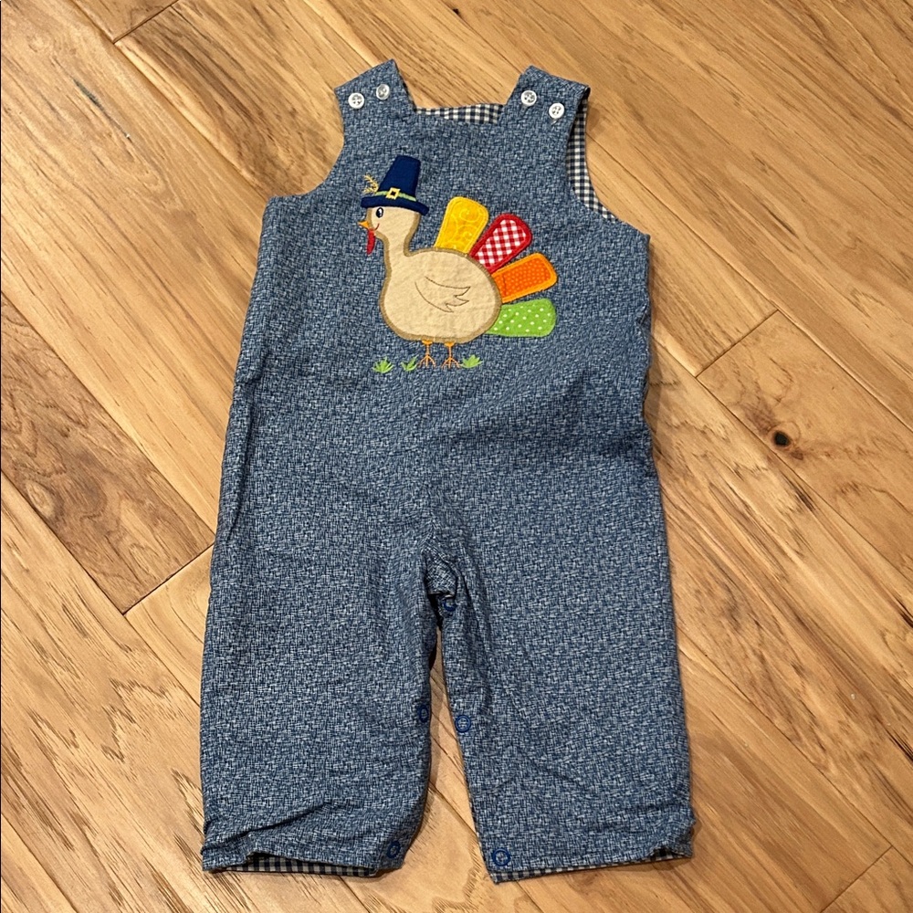Charming Blue Kids Overalls with Turkey Embroidery